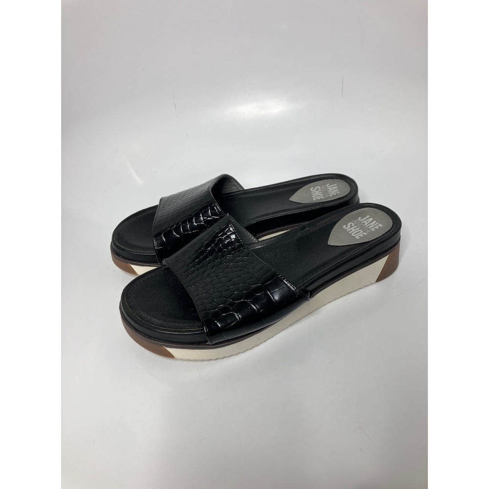 Jane and the Shoe Hannah Sandals Womens 8 Black Excellent Croc Platform Slides